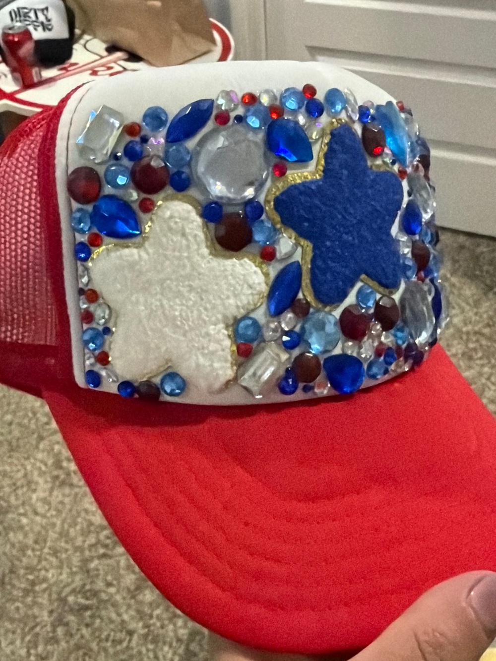 Kids Red Trucker Hat with Blue & White Star Gems